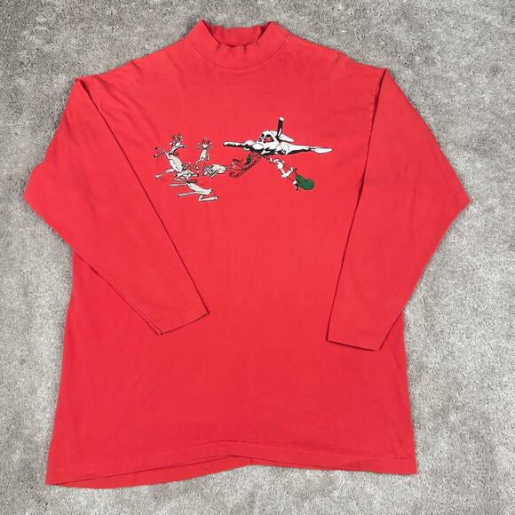 Vintage Christmas Mock Neck Shirt Size L Santa Reindeer Airplane Ugly Sweater - Picture 1 of 4
